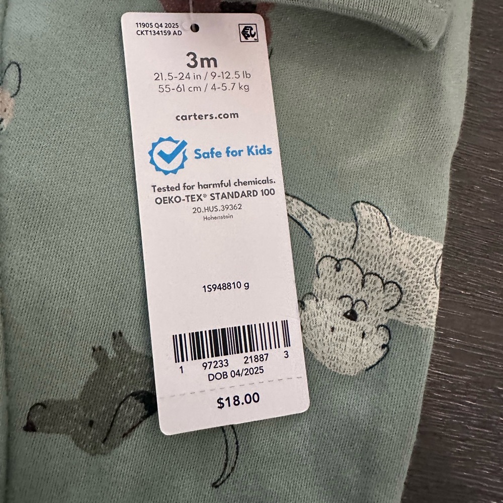 Carter's Light Green Animal-Print Footed Onesie One-Piece 3M - Picture 4 of 5